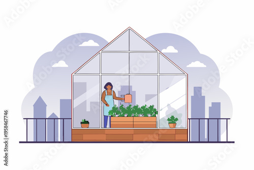 Woman tending to plants inside a modern glass greenhouse balcony