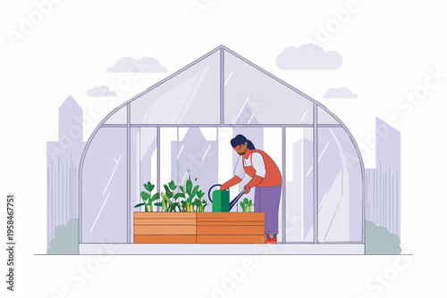 Man tending to plants inside a modern greenhouse with a city backdrop