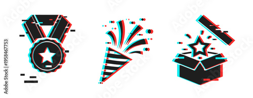 Award celebration icons showing medal party and gift. Glitch effect