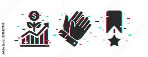 Business icons shown in glitch style on white background. Glitch effect