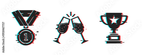 Medal cheers and trophy icons indicating celebration and achievement. Glitch effect