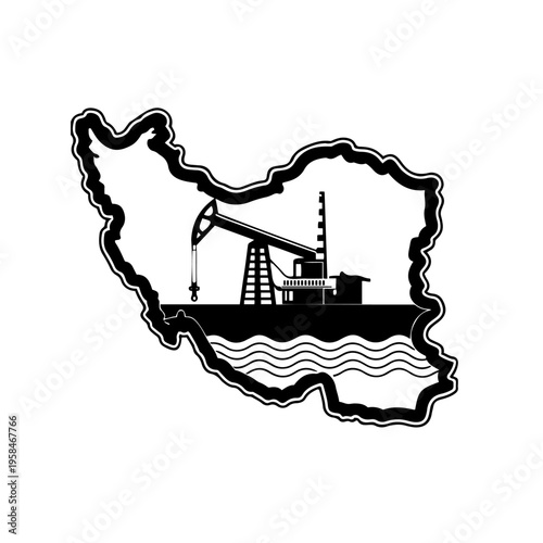 An outline map of Iran, with an oil well depicted in the center. A vector line drawing, a black-and-white sketch on geopolitics