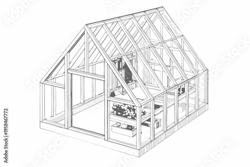 Isometric illustration of a simple glass greenhouse structure with interior details