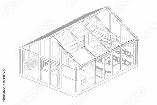 Detailed line drawing of a modern greenhouse with internal shelving