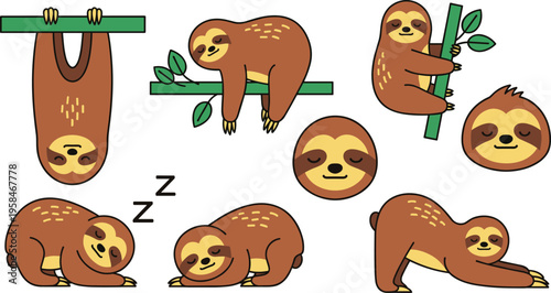 Cute Sloth Animal Icon Set with Sleeping Hanging Climbing and Relaxing Poses for Wildlife Cartoon Character Illustration and Adorable Nature Design Collection