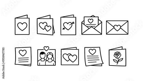 Collection of romantic greeting card and envelope icons with hearts and rose