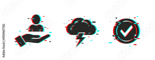 User support icons indicating status on white background. Glitch effect