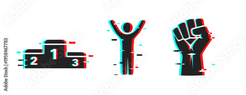 Victory icons showing podium person and raised fist on white background. Glitch effect