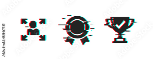 User icon expanding and award symbols on white background. Glitch effect
