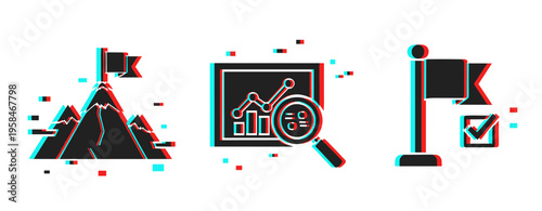 Goal icons showing mountain flag chart analysis and checklist symbols. Glitch effect
