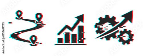 Business and navigation icons illustrating growth and process. Glitch effect