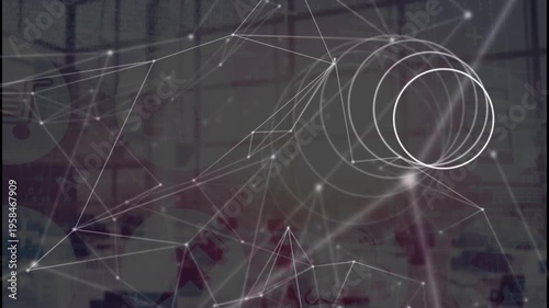 Animation of abstract circular shape and network of connections against empty office