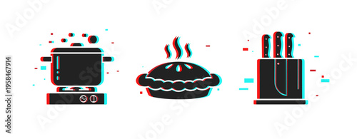 Cooking pot, steaming pie and knife block icons on white background. Glitch effect