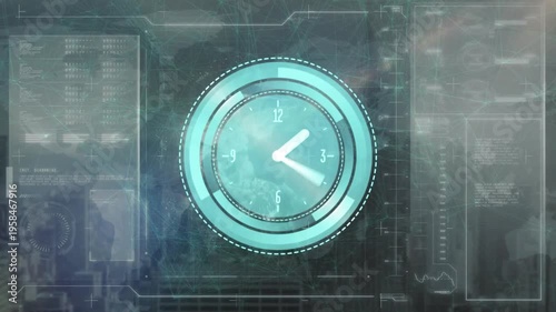 Animation of neon ticking clock over interface with data processing against spinning globe