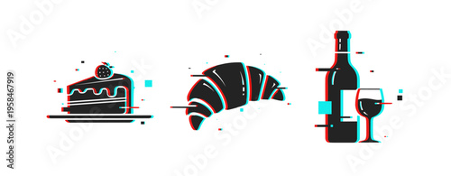 Cake croissant and wine icons presented on white background. Glitch effect