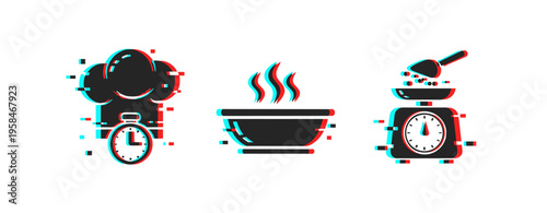 Chef hat, steaming bowl and scale indicating cooking in kitchen. Glitch effect