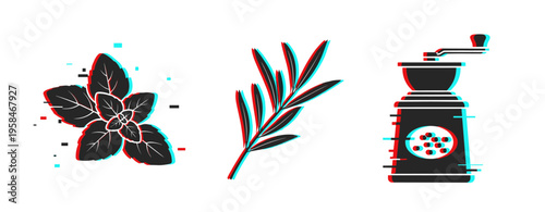 Spice and herb icons showing basil leaf, rosemary, grinder on white. Glitch effect