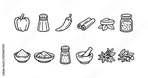 Collection of simple line art icons representing various spices and seasonings for cooking