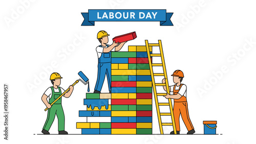 Celebrating Labor Day: A vibrant illustration showcasing construction workers collaboratively building a colorful brick wall, symbolizing the spirit of Labor Day