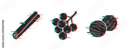 Assorted spice elements showing stick, berries and round nuts. Glitch effect