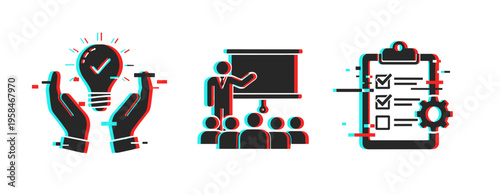 Business icons showing idea, presentation and checklist on white. Glitch effect