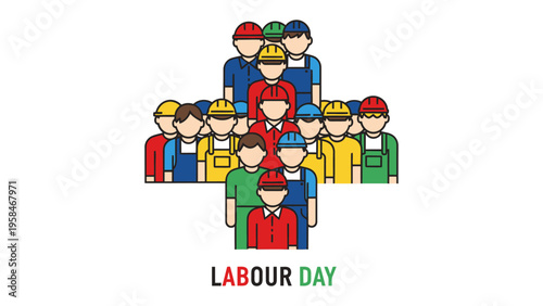 Labor Day Crew: A colorful group of workers gather in a symbol of solidarity, a visual representation of their dedication to hard work and collective achievement, perfect for Labor Day.