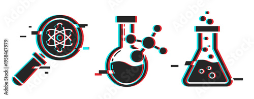 Science icons illustrating research chemistry and laboratory equipment. Glitch effect