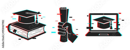 Education icons showing graduation cap, diploma, online learning devices. Glitch effect