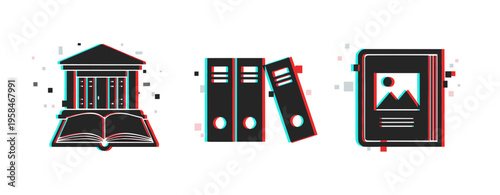 Education and records icons representing archives and documentation. Glitch effect