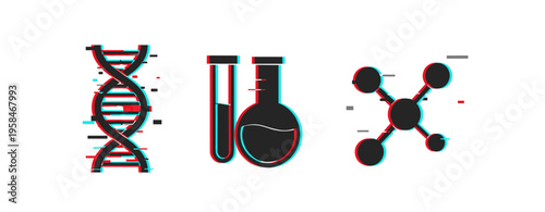 Dna helix and laboratory glassware with molecule icons on white. Glitch effect