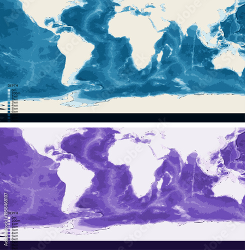 Southern Hemisphere Strip Bathymetric Ocean Depth Map - Equirectangular Projection - Scalable Multi-Color Seafloor Relief Topography with Depth Legend Showing Continental Shelves Mid-Ocean Ridges and