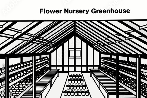 Black and white illustration of a greenhouse filled with flower pots