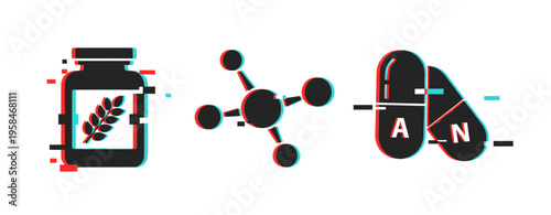 Health icons showing supplement, allergen, molecule, and capsules on white. Glitch effect