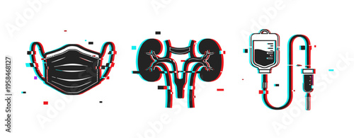 Medical equipment and organs showing mask kidney and iv therapy. Glitch effect