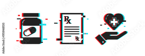 Medicine prescription and care icons displayed on white background. Glitch effect