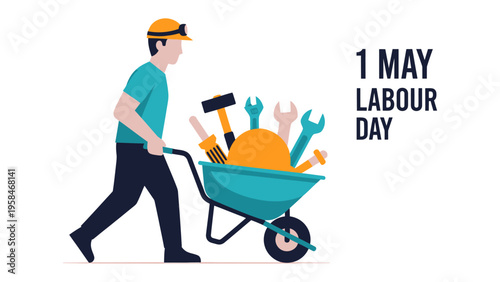 Labor Day Celebration: A graphic image for Labour Day shows a worker with a wheelbarrow filled with tools, the image shows the spirit of hard work and dedication.