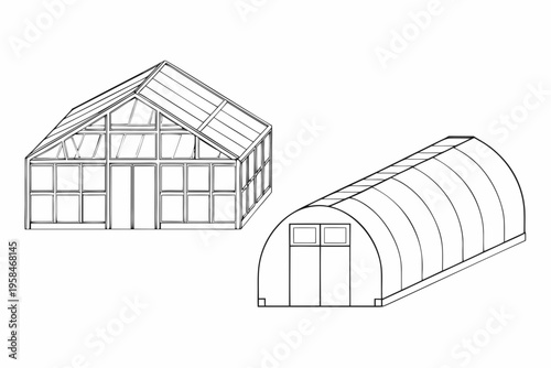 Line drawing of two greenhouse structures with differing designs