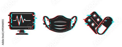 Medical icons depicting monitor mask and medication on white. Glitch effect