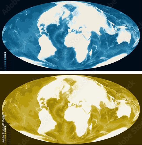 Soviet Solovev 1946 Bathymetric Ocean Depth Map - Mollweide Projection - Scalable Multi-Color Seafloor Relief Topography with Depth Legend Showing Continental Shelves Mid-Ocean Ridges and Abyssal
