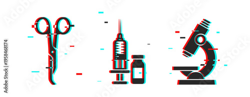 Medical tools icons displayed in glitch state on white. Glitch effect