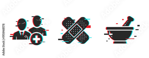 Three medical icons showing healthcare staff bandage and mortar. Glitch effect