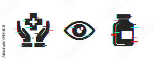 Healthcare and medical icons indicating wellness vision and medication on white. Glitch effect
