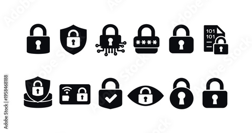 Collection of security and privacy icons featuring locks, shields, and digital elements