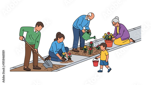 Garden's Harmony: A multi-generational family comes together to cultivate a vibrant garden, planting and nurturing flowers with joy and care.