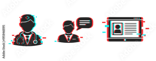 Healthcare professional communicating with patient profile online. Glitch effect