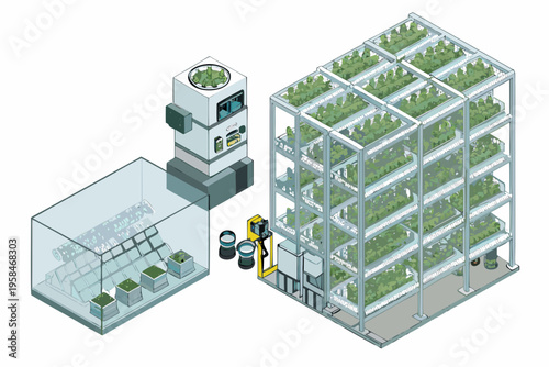 Isometric illustration of a modern indoor vertical farming system with robotics