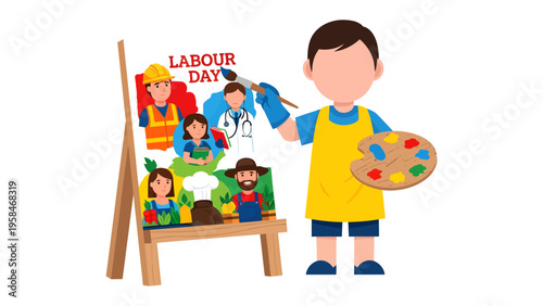 Labour Day Painting: A young artist paints a tribute to Labour Day, depicting various professions and their contributions to society.