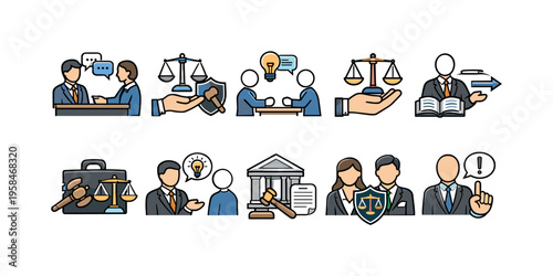 Collection of legal and justice icons representing law, consultation, and court proceedings