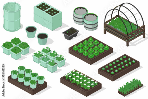 Isometric view of various garden containers and raised planting beds