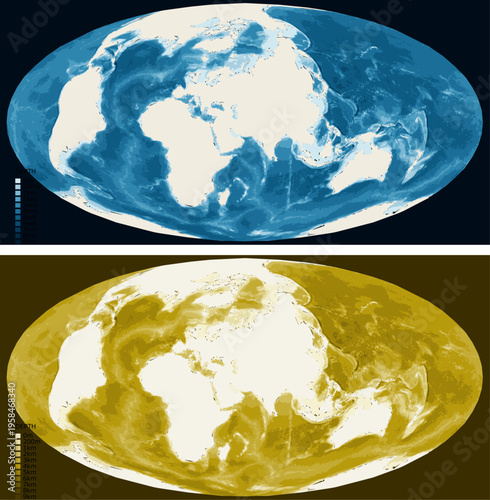 Spilhaus World Ocean Bathymetric Ocean Depth Map - Hammer Projection - Scalable Multi-Color Seafloor Relief Topography with Depth Legend Showing Continental Shelves Mid-Ocean Ridges and Abyssal Plains